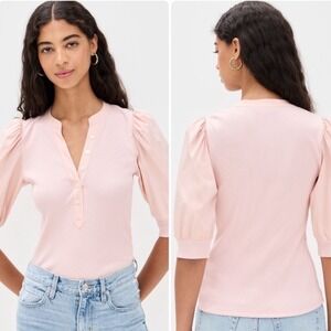 Single Thread Ballerina Pink Ribbed Henley Puff Sleeve Top Women Large 3/4Button